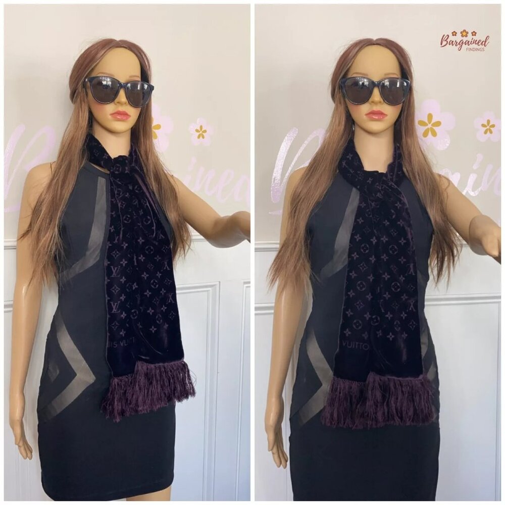 Authentic Louis Vuitton Purple Velvet Monogram Fringe Shawl - Picture 3 of 7